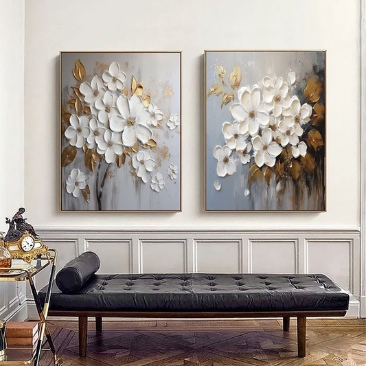 Golden Bloom White Floral Textured Painting Set Set of 2