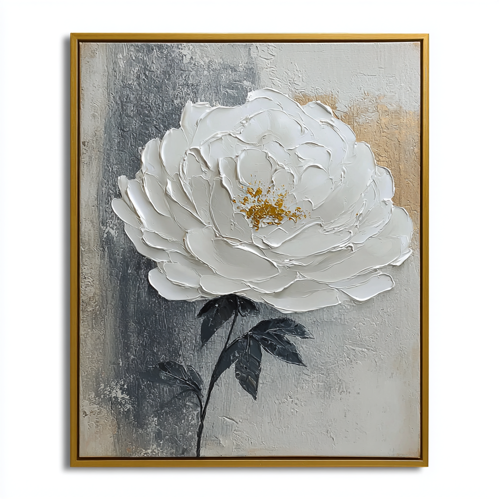 White Peony Textured Painting – Gold Accent Floral Wall Art | Arteleer