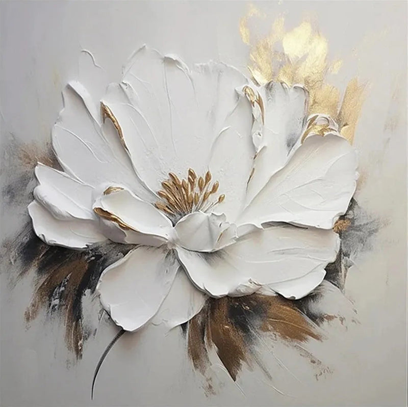 Arteleer White Floral Wall Art – Gold Textured Flower Painting