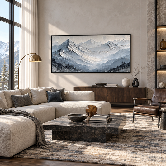 Silent Peaks Textured Mountain Painting