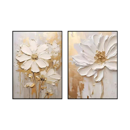 Set of 2 Soft Cream Gold Blossom Diptych Painting