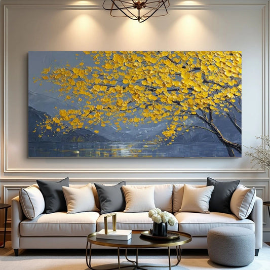 Golden Autumn Lake Textured Painting