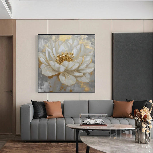 Golden Aura White Bloom Abstract Painting