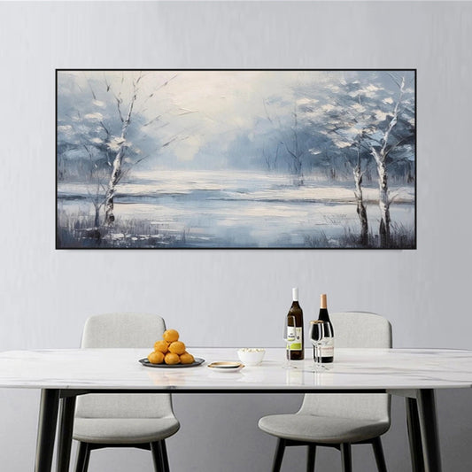 Mist Blue Lake Winter Forest Abstract Painting