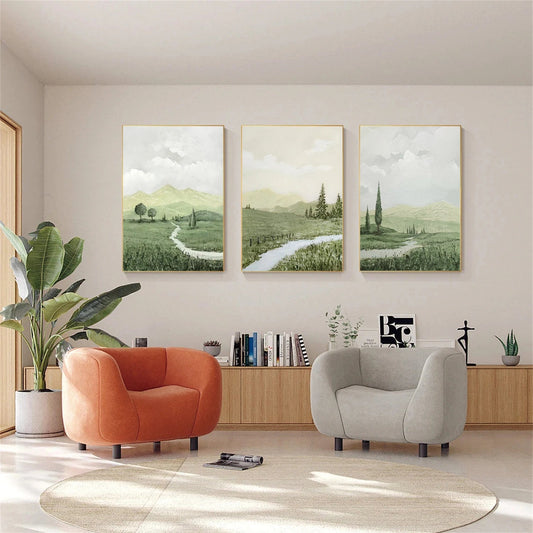 Quiet Path Green Landscape Abstract Painting (Triptych) Set of 3