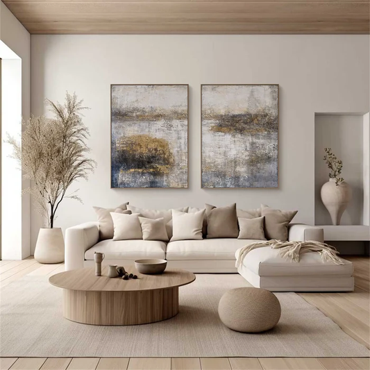 Golden Haze Abstract Landscape Painting Set Set of 2