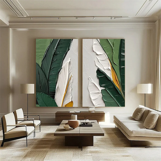 Verdant Harmony Leaf Textured Painting Set Set of 2