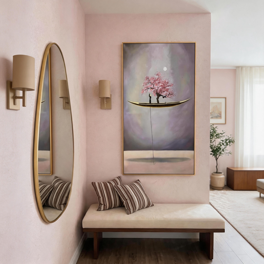 Moonlit Sakura Boat Surreal Canvas Art