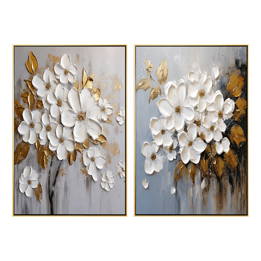 Golden Bloom White Floral Textured Painting Set Set of 2