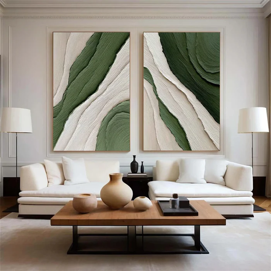 Verdant Flow Green Textured Abstract Painting Set Set of 2