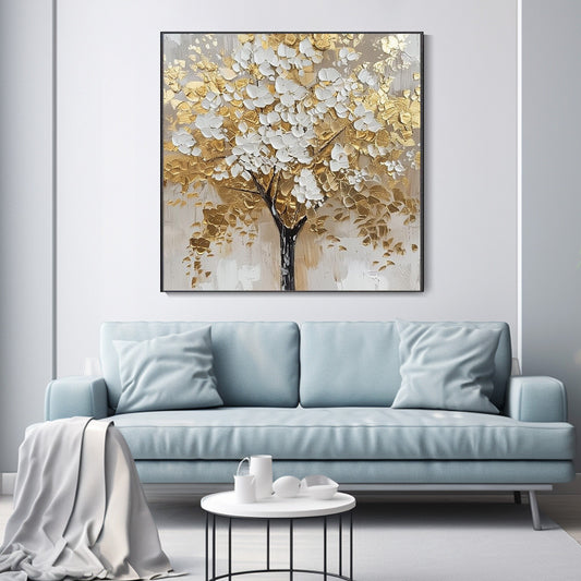 Opal Bloom White-Gold Tree Painting