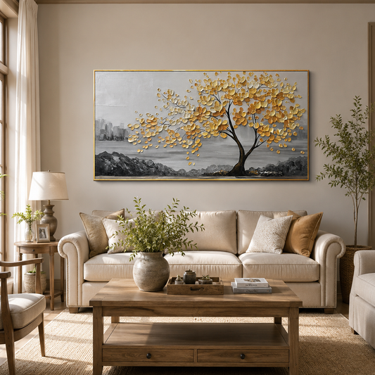 Golden Harmony Textured Tree Painting