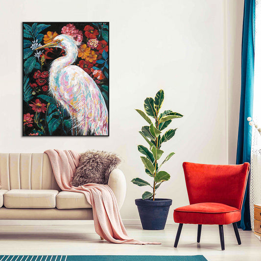 Floral Majesty White Heron Painting #K5183