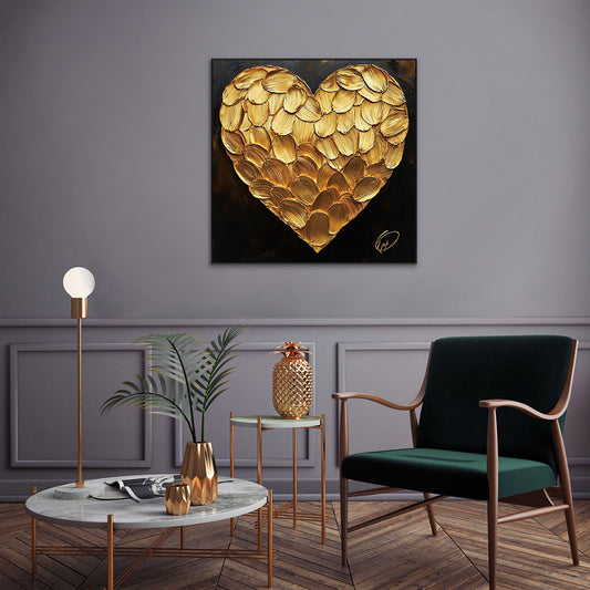 Golden Petal Heart Textured Abstract Painting #PIX-8