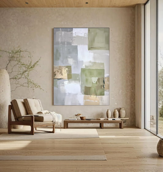 Soft Green Geometry – Abstract Blocks Painting