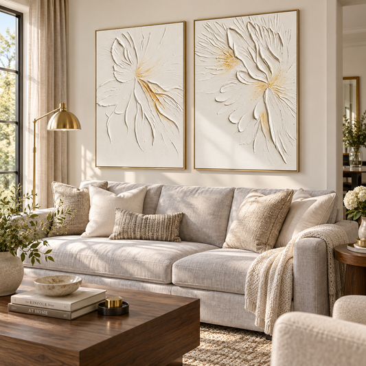 Whisper Bloom White Floral 3D Painting Set Set of 2