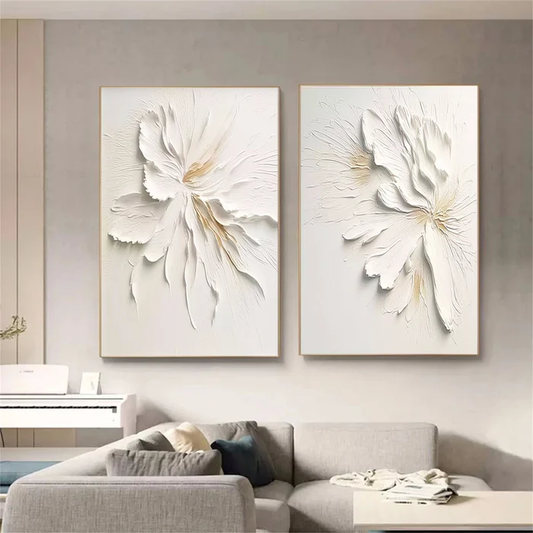 Whisper Bloom White Floral 3D Painting Set Set of 2