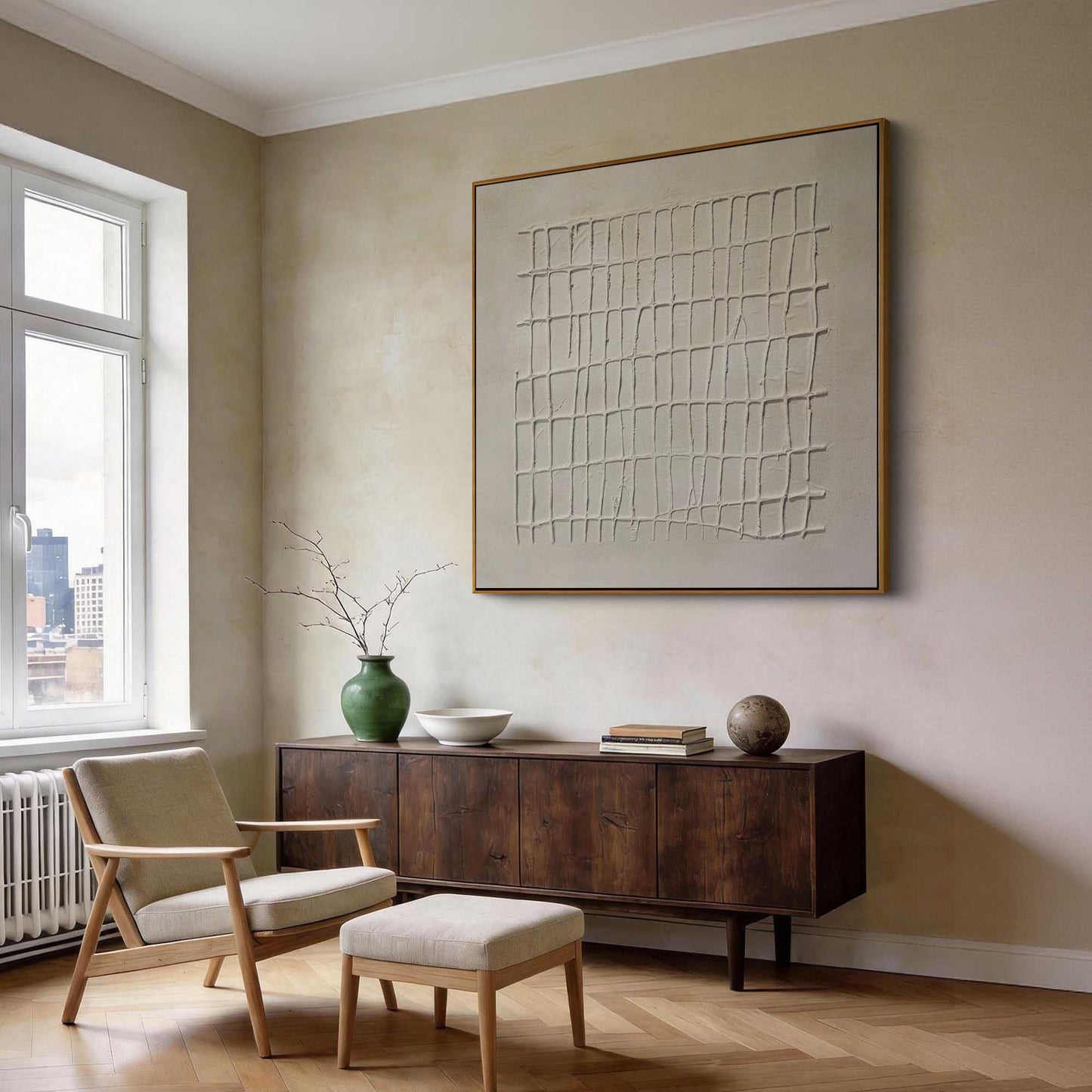 White Grid Textured Minimalist Painting