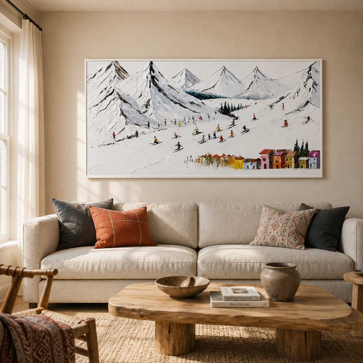 Colorful Ski Resort Winter Textured Landscape Painting