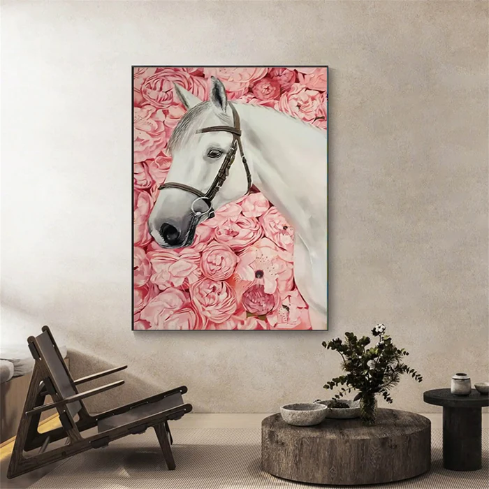 Blush Garden White Horse Painting
