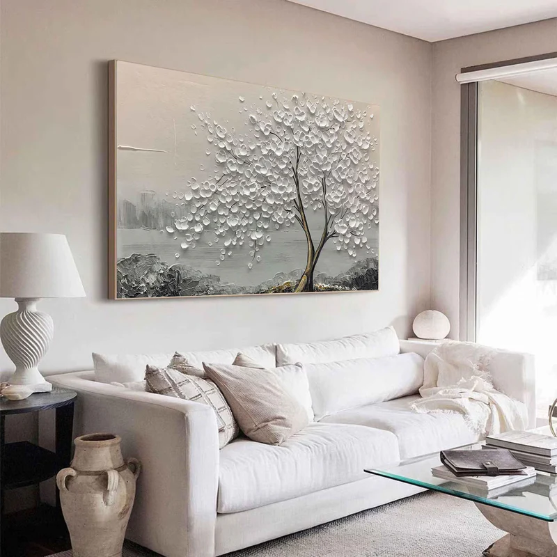Whispering White Blossom Textured Painting