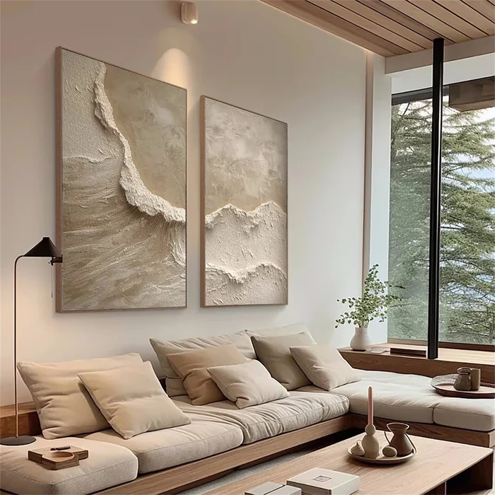 Earth Whisper Beige Textured Abstract Painting Set Set of 2