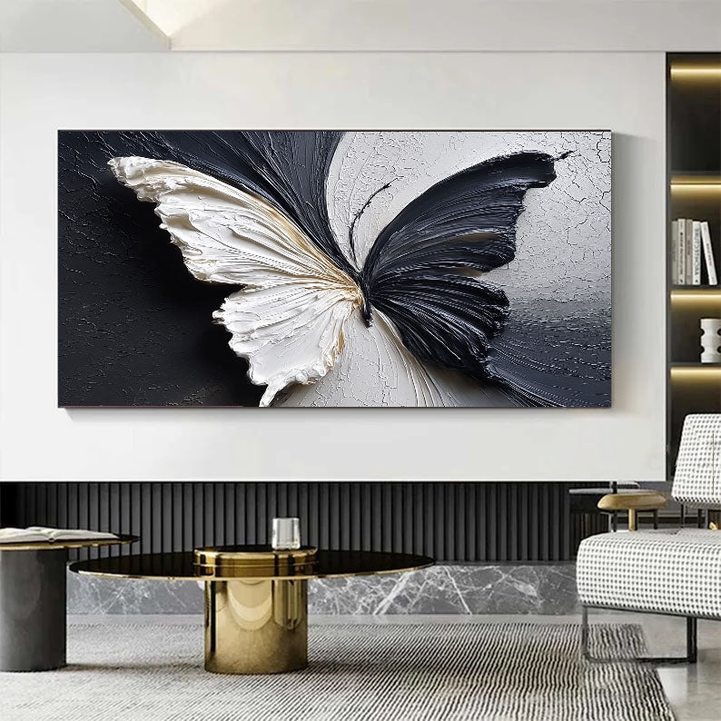 Dual Aura Butterfly – Black & White Textured Painting