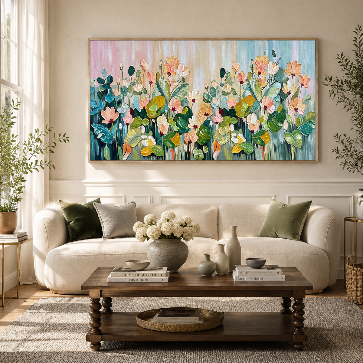 Blush Meadow Floral Impasto Oil Painting