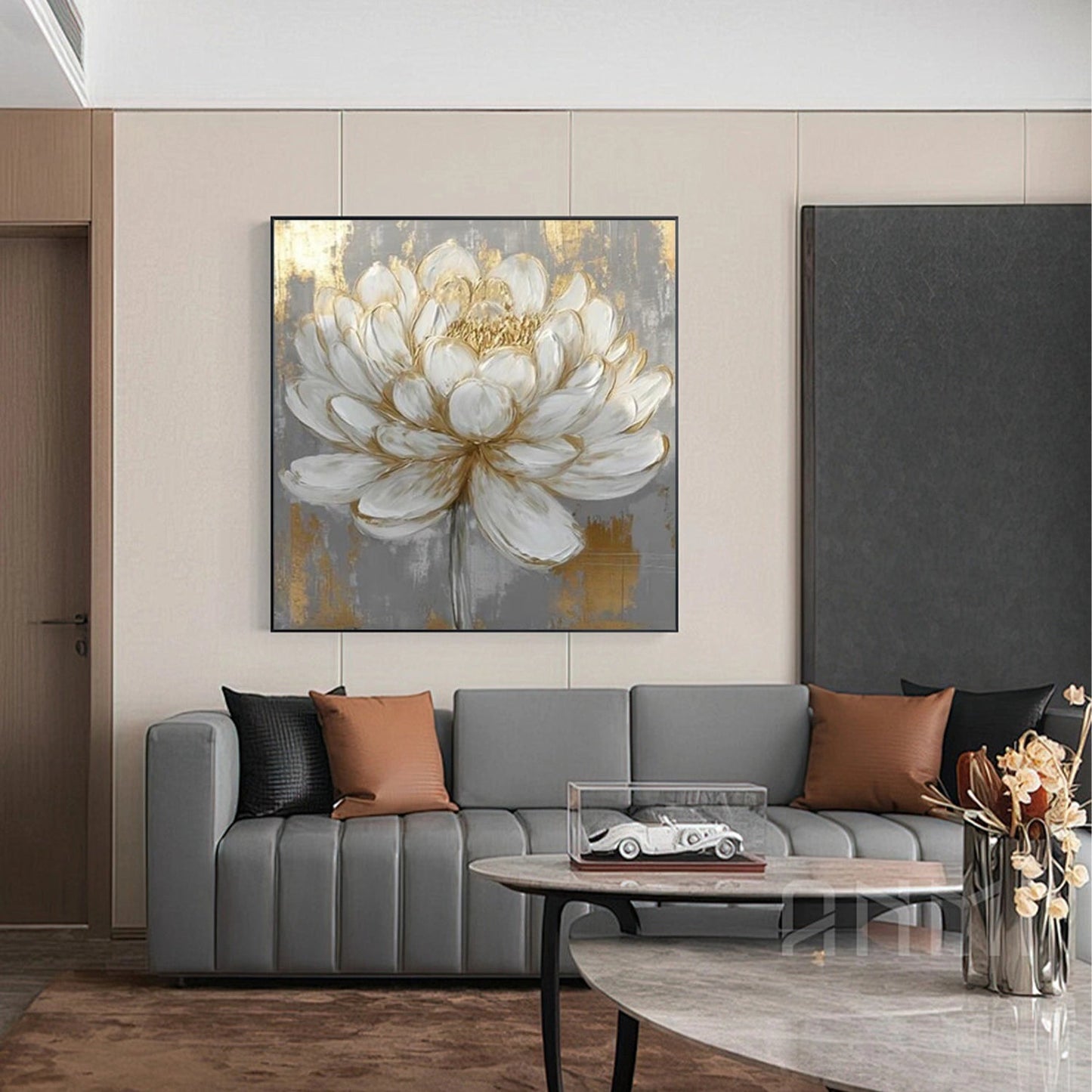 Golden Whisper White Lotus Abstract Painting