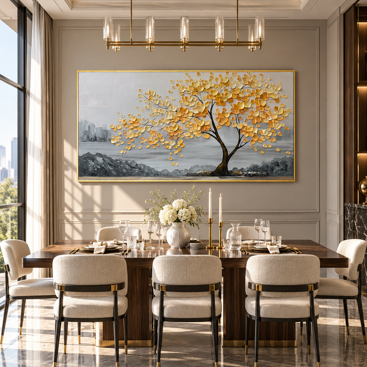 Golden Harmony Textured Tree Painting