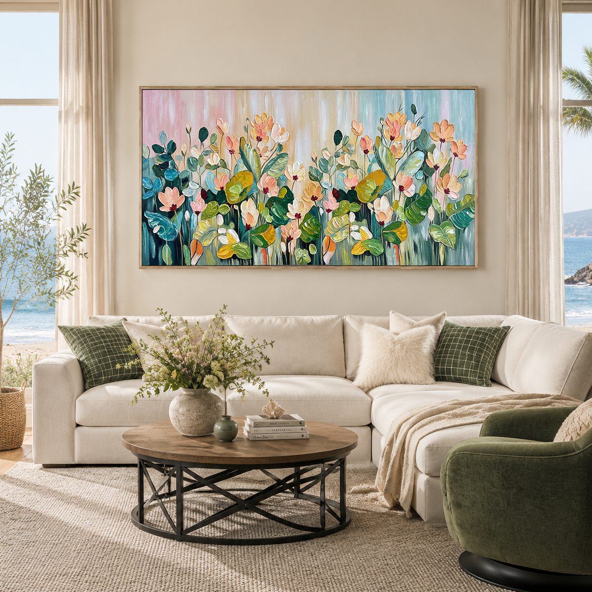 Blush Meadow Floral Impasto Oil Painting