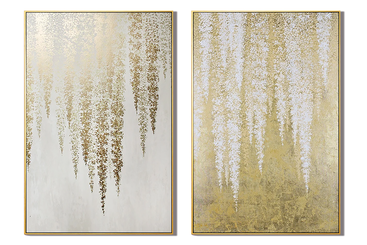Gilded Cascade White-Gold Diptych Painting