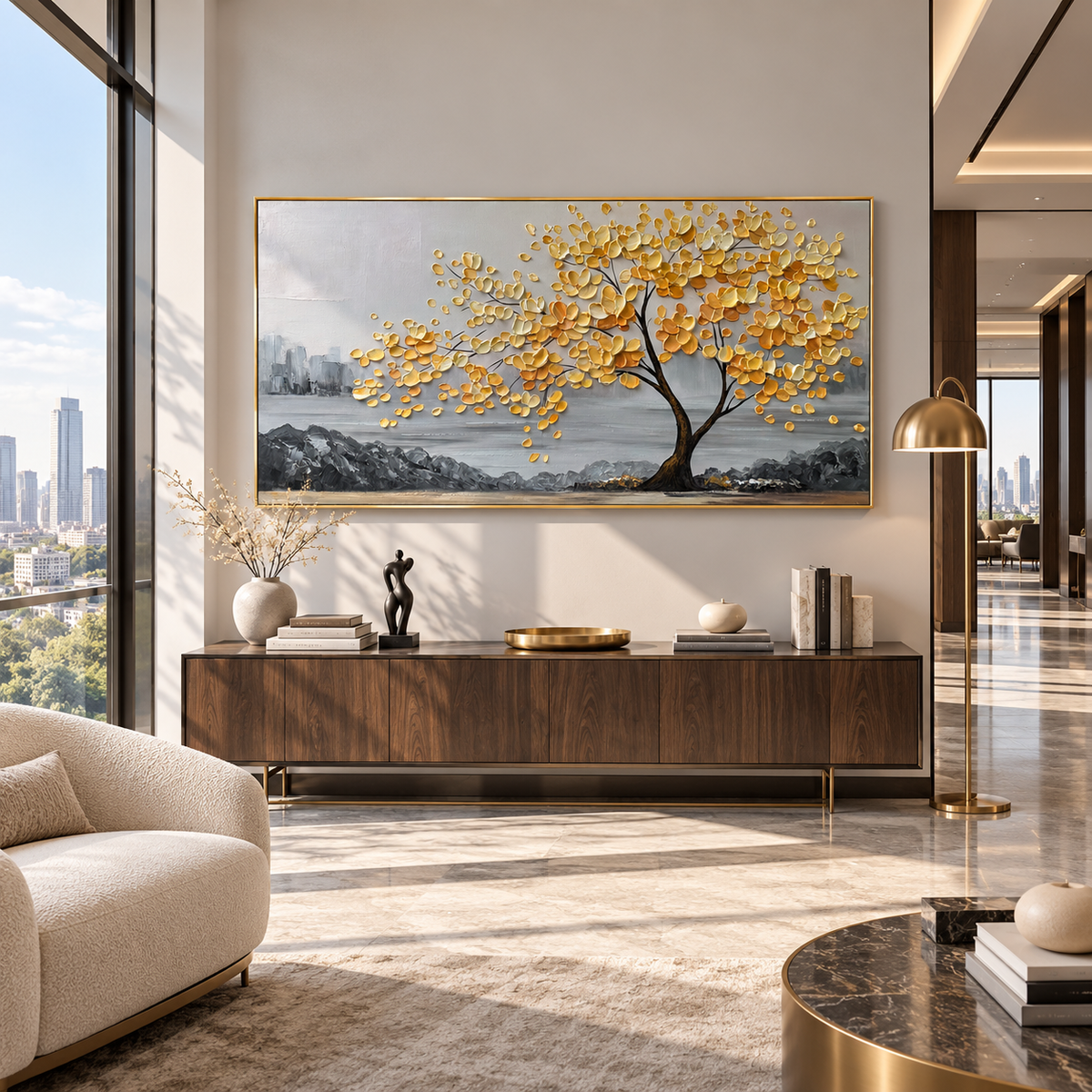 Golden Harmony Textured Tree Painting