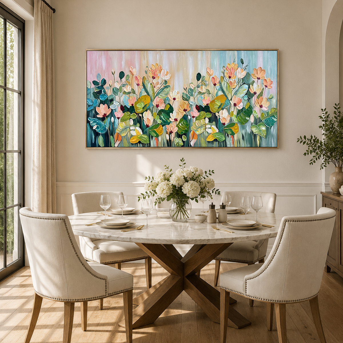 Blush Meadow Floral Impasto Oil Painting