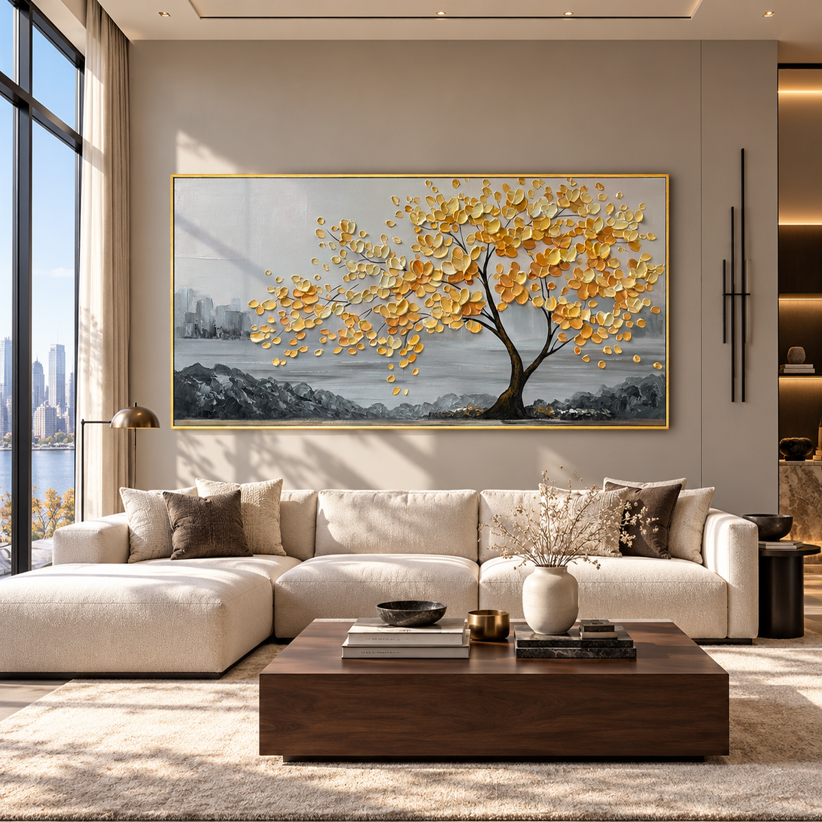Golden Harmony Textured Tree Painting