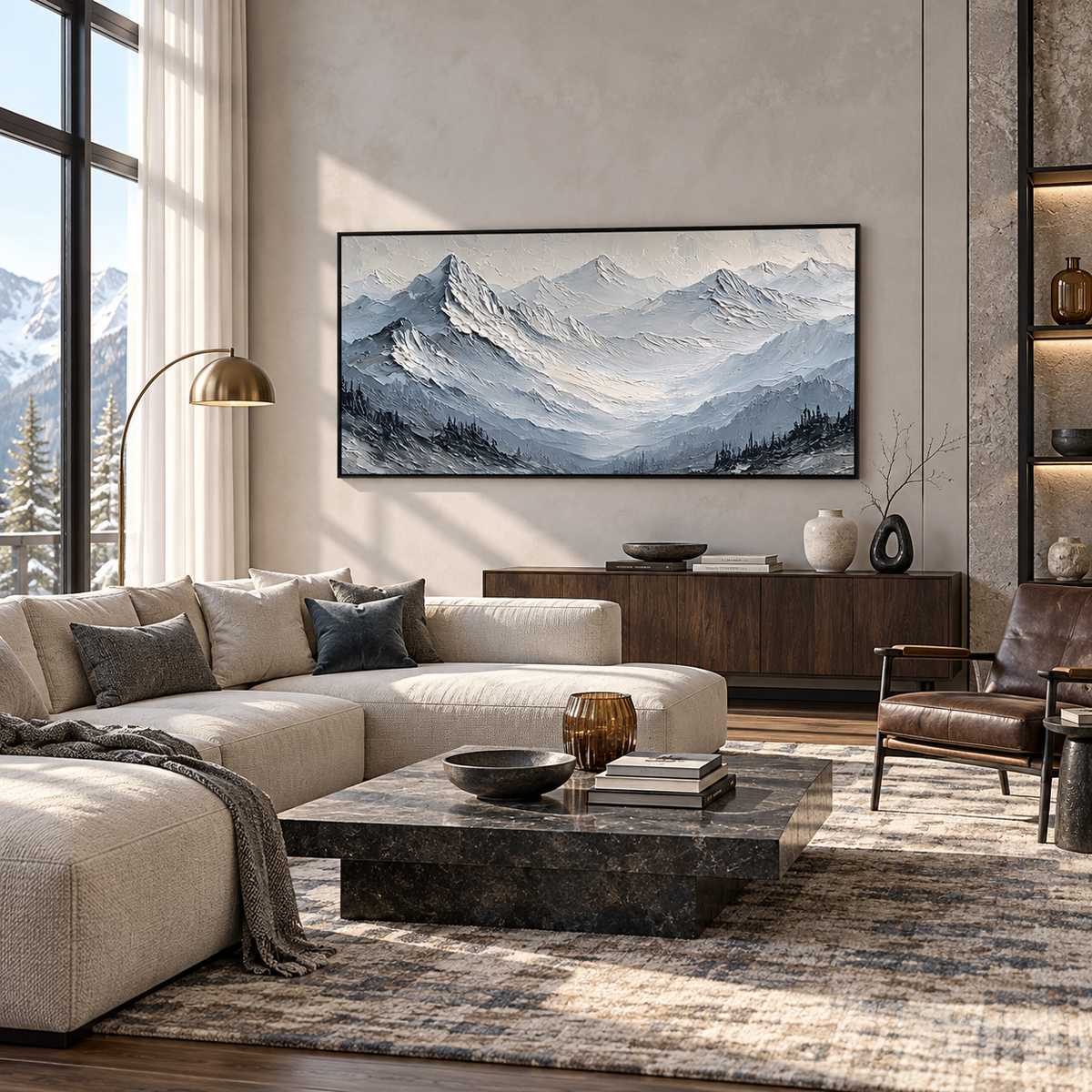 Silent Peaks Textured Mountain Painting