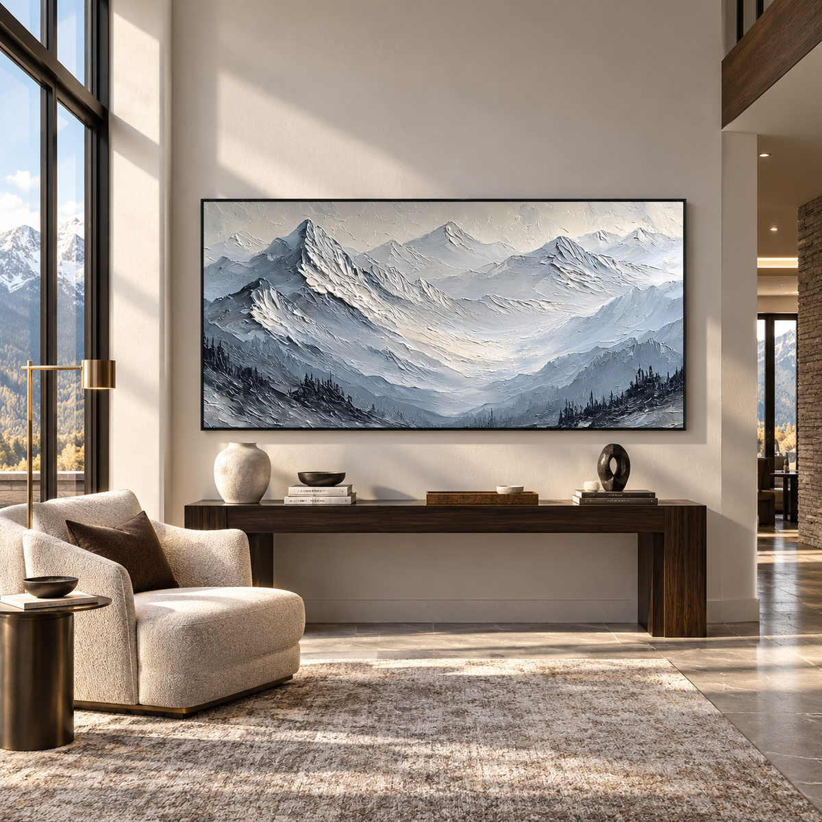 Silent Peaks Textured Mountain Painting