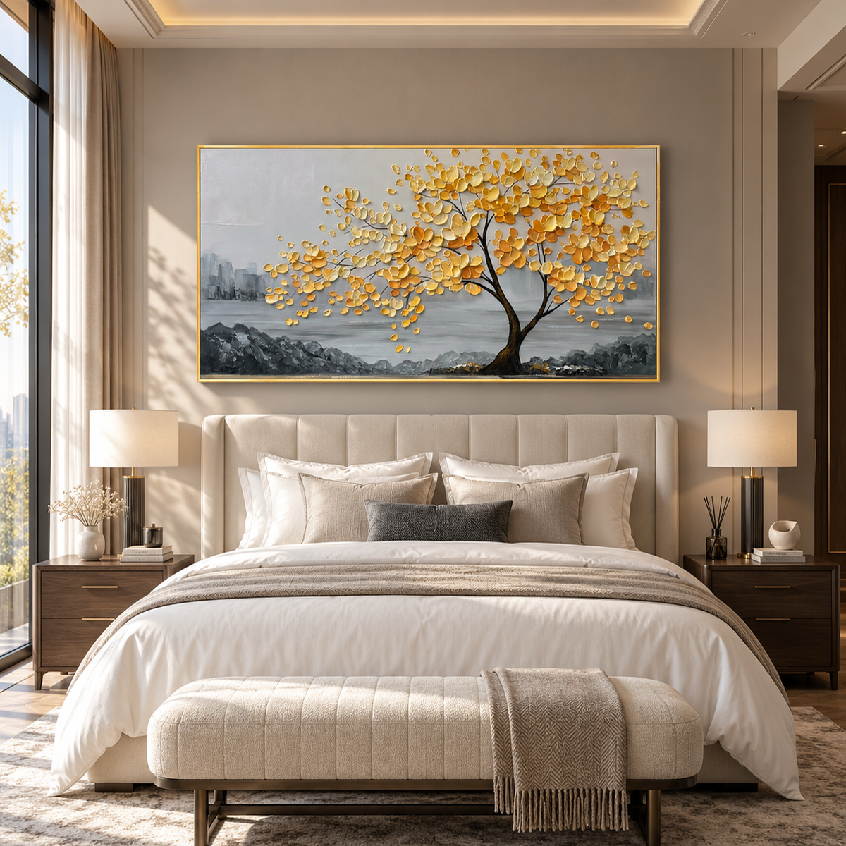 Golden Harmony Textured Tree Painting