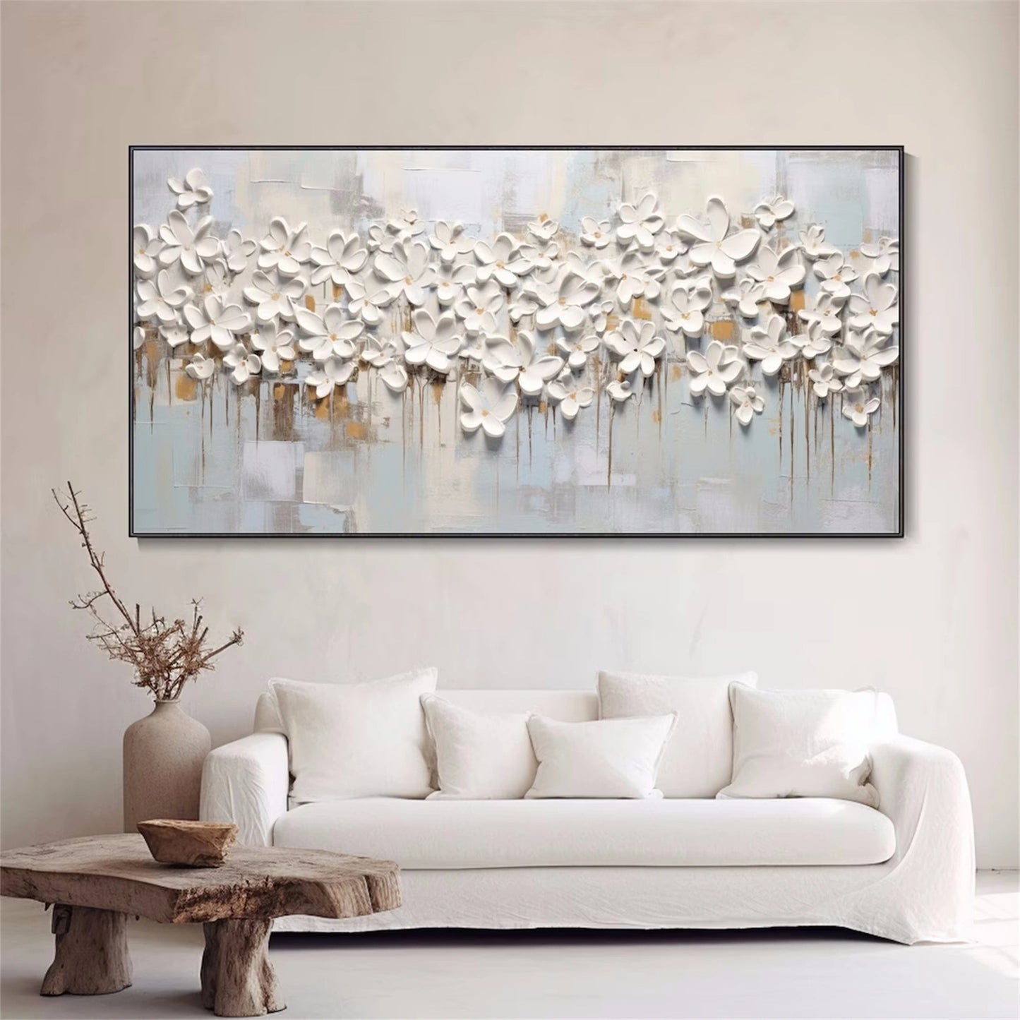 Soft Petal Drift White Floral Abstract Painting