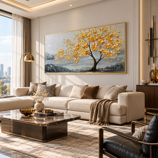 Golden Harmony Textured Tree Painting
