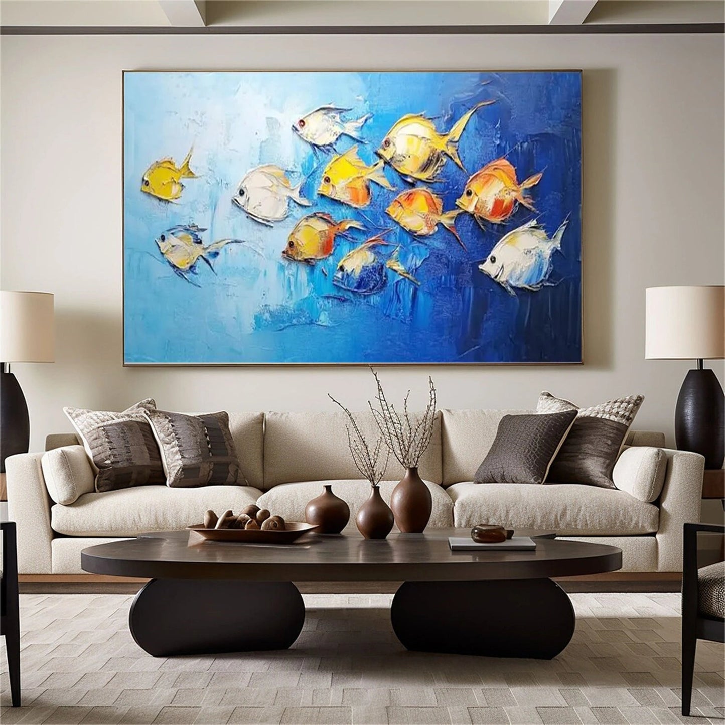 Golden Drift Blue Fish Painting