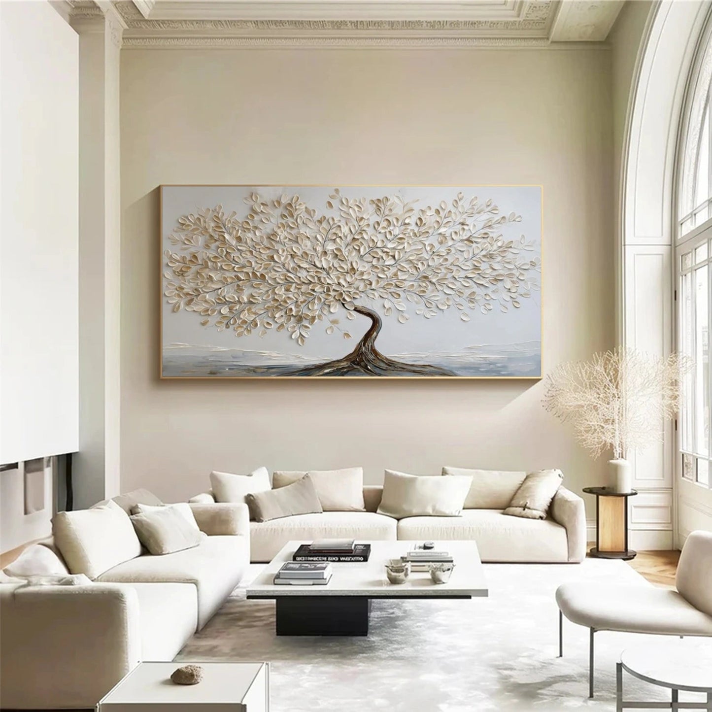 Tranquil Ivory Leaf Tree Abstract Painting