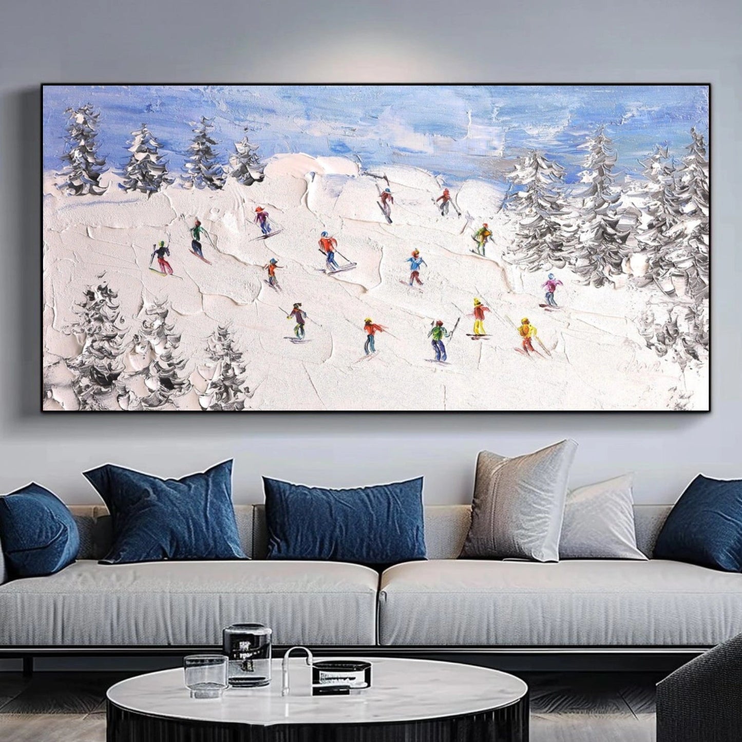 Snowfield Symphony – Group Skiers Textured Painting