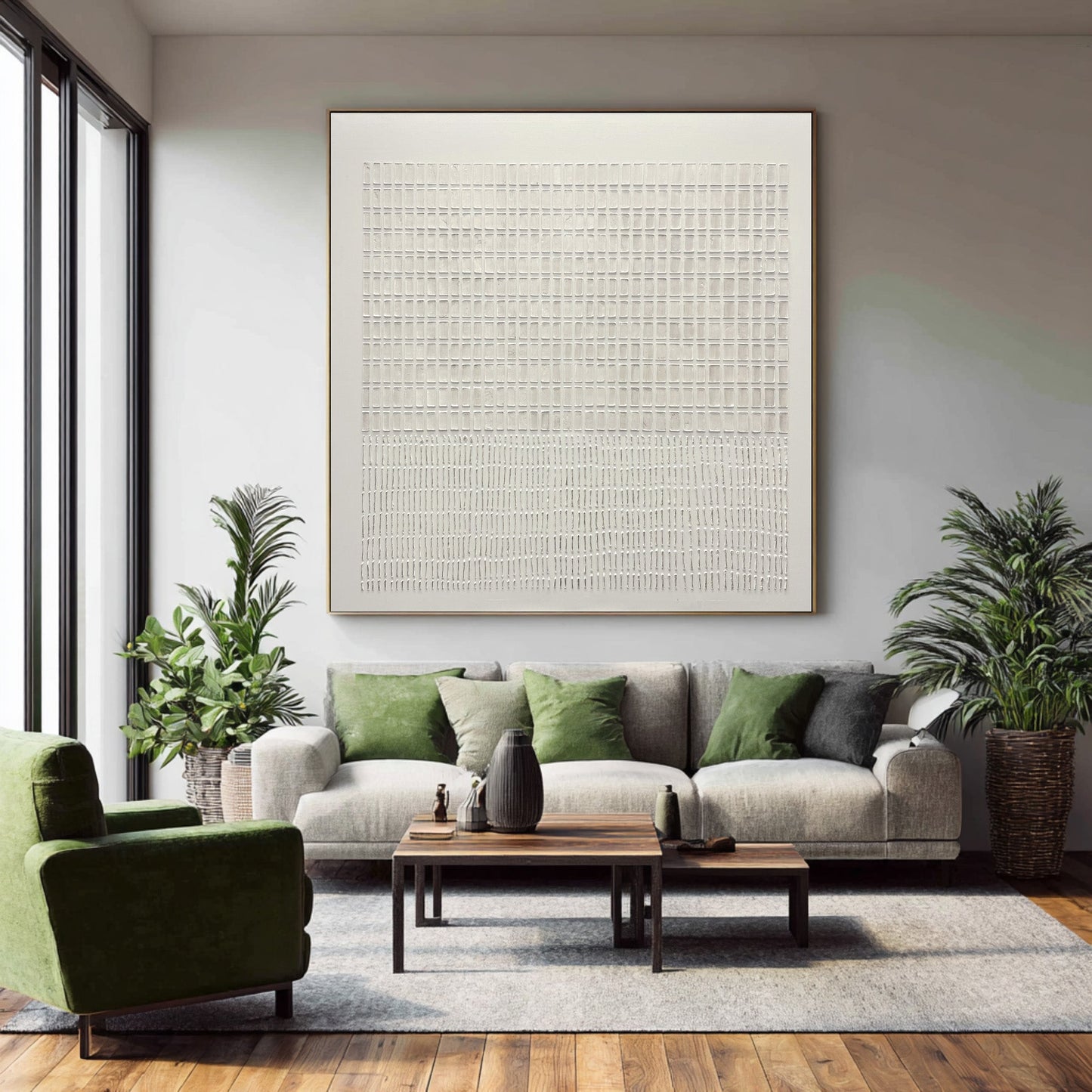 Moonlit White Relief Grid Abstract Painting
