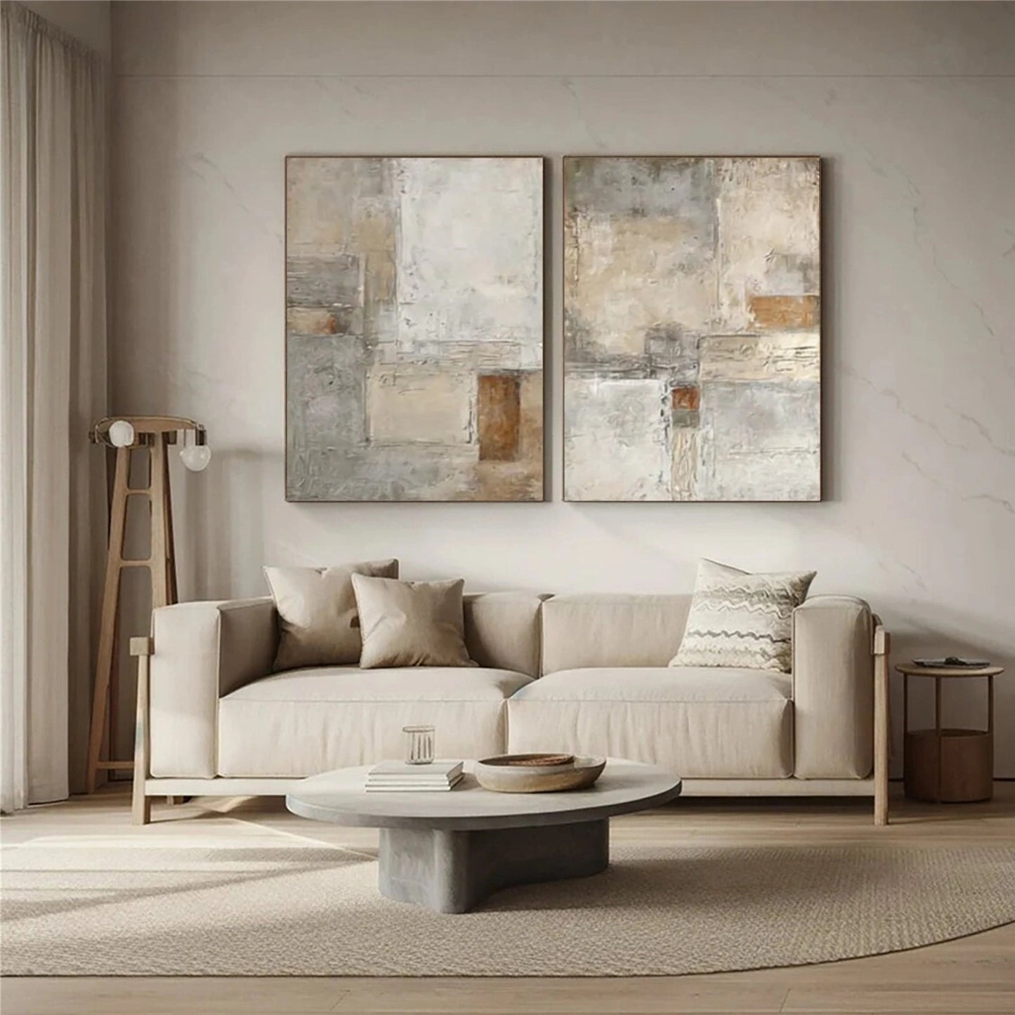 Set of 2 Silent Field Neutral Geometric Abstract Painting (Diptych)