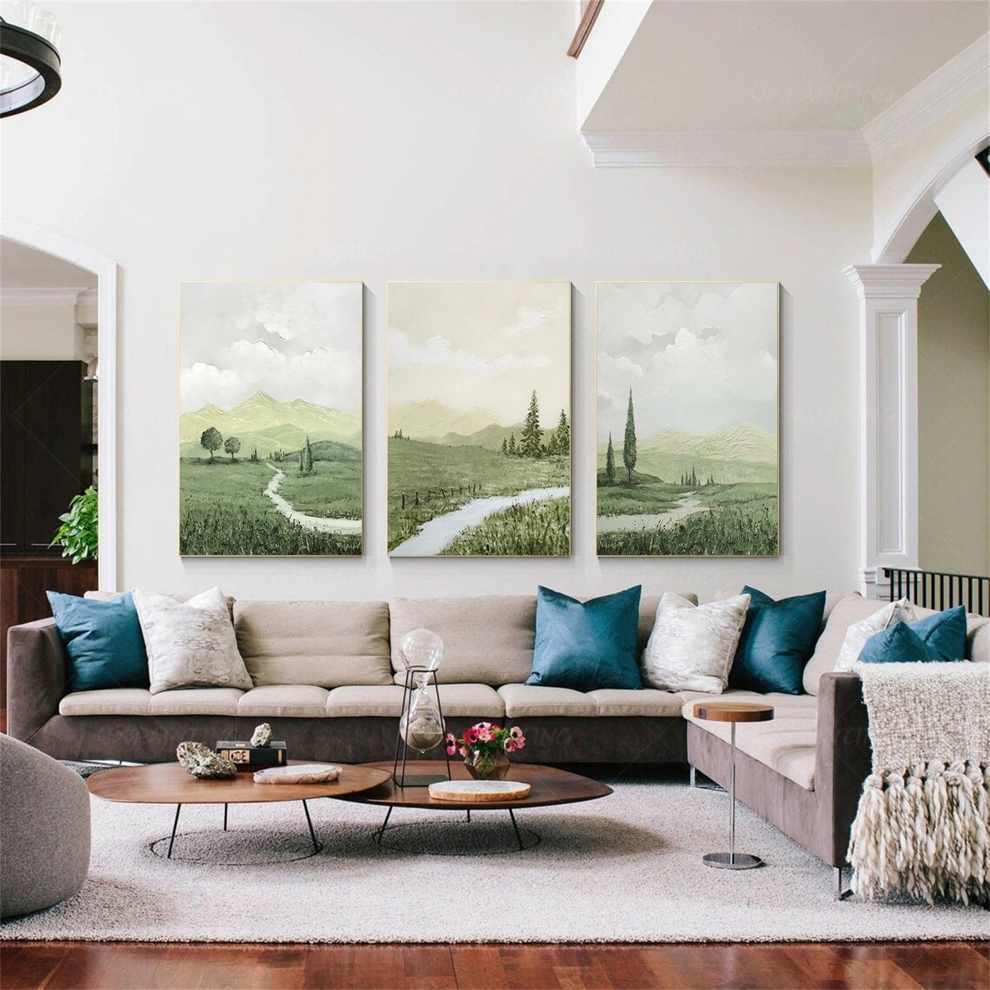 Quiet Path Green Landscape Abstract Painting (Triptych) Set of 3