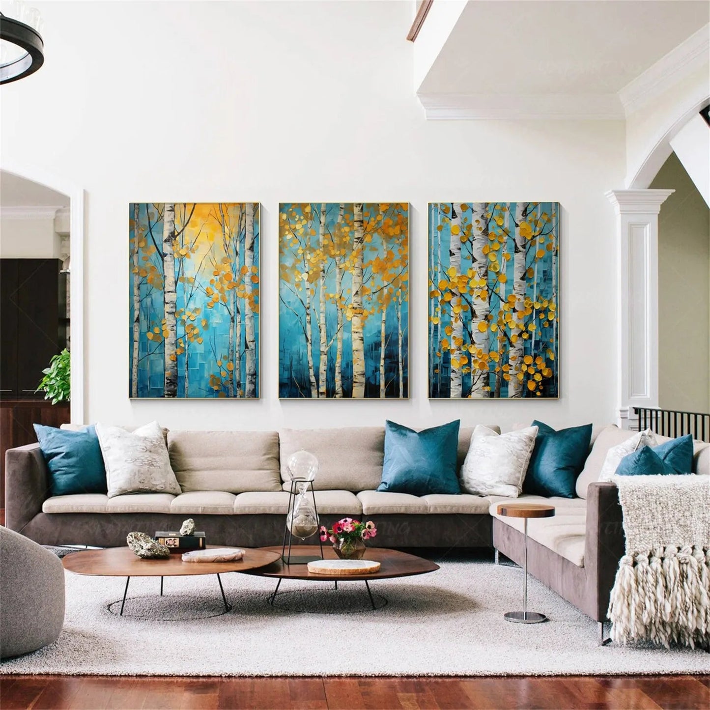 Golden Leaves Birch Forest Triptych Painting Set of 3