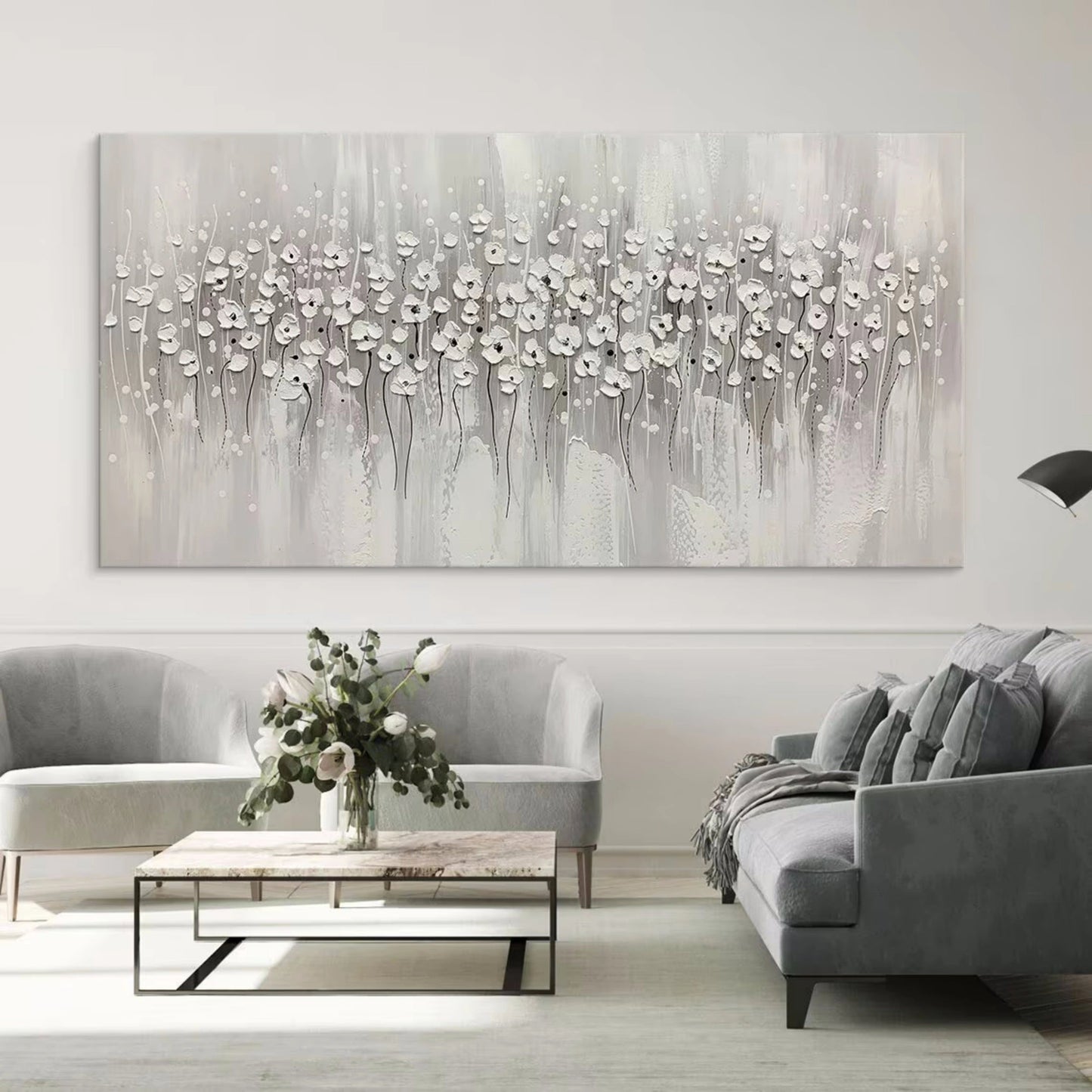 Whispering Meadow White Abstract Painting
