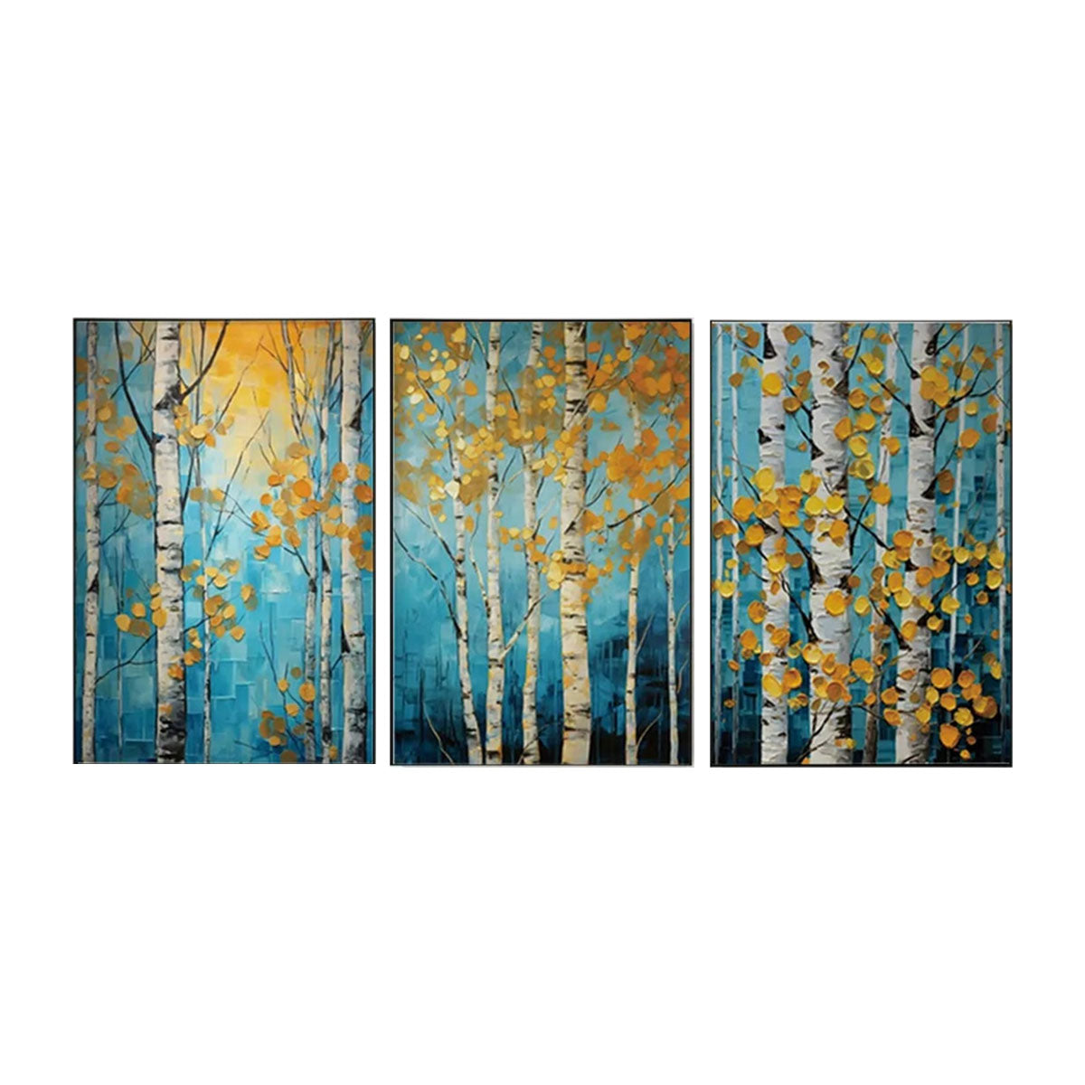 Golden Leaves Birch Forest Triptych Painting Set of 3