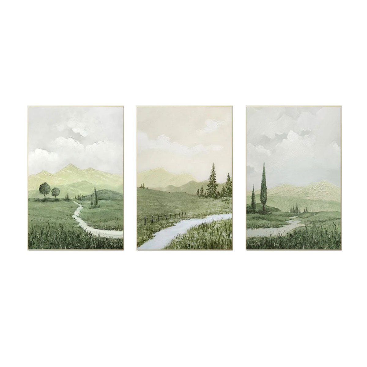 Quiet Path Green Landscape Abstract Painting (Triptych) Set of 3
